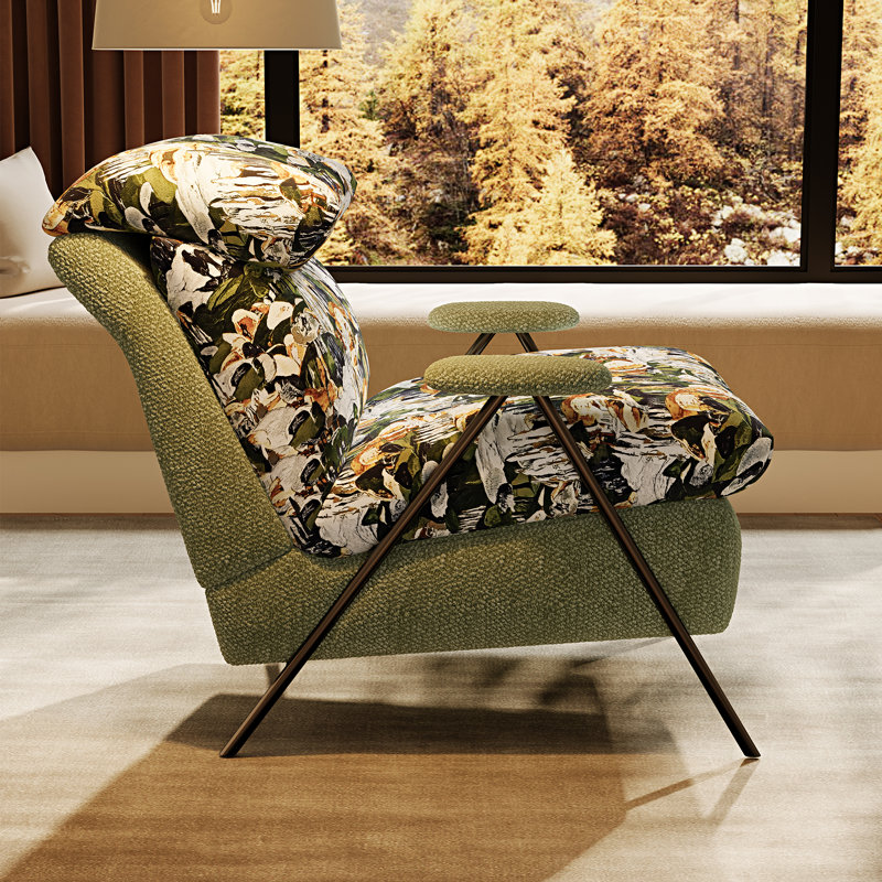 Fauteuil d'appoint moderne en chenille imprimée, structure en métal et tissu rembourré de 81 cm de large, avec appui-tête moelleux.