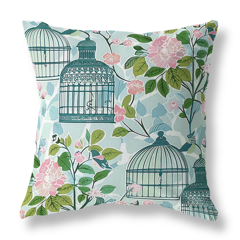 Coussin décoratif intérieur / extérieur Blossoming Birdhouse, Vert/rose, H 18 po x l 18 po