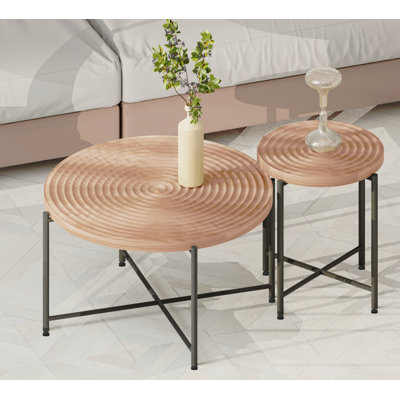 Ensemble de 2 tables basses et tables de bout - Panneau de fibres à densité moyenne imperméable avec revêtement en PVC, conception cylindrique vieillie, pieds en métal - charme rustique classique