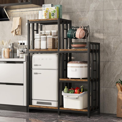6-Tier Kitchen Bakers Rack With Adjustable Height, Freestanding Storage Shelf For Microwave, Mini Fridge, Coffee Bar, And Cookware Organizer, Sturdy Metal Frame And Wooden Shelves