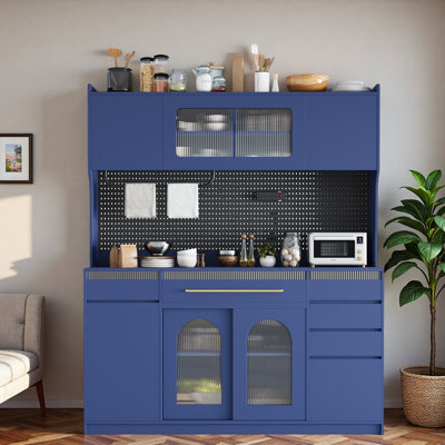 Garde-manger autoportant avec 6 tiroirs, tablettes réglables, panneau perforé, porte-serviettes et prise de courant