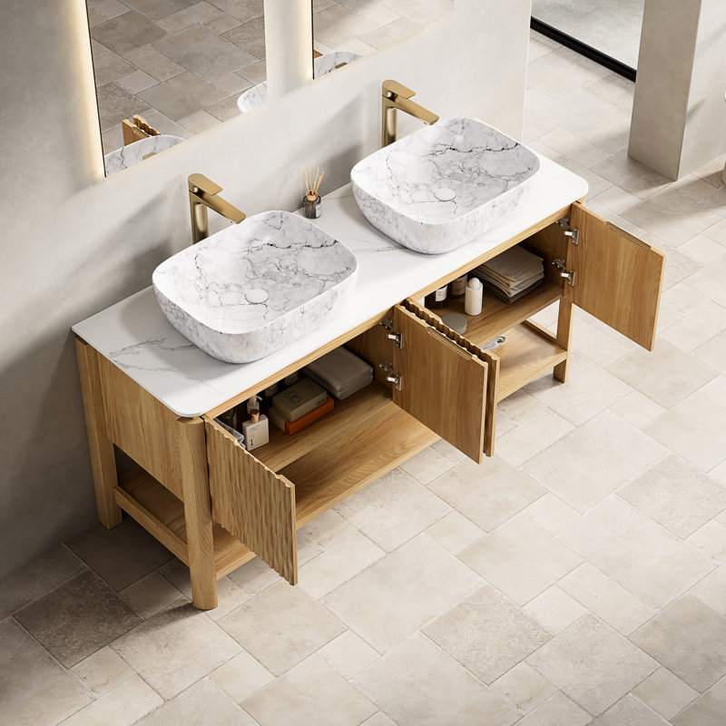 Meuble-lavabo de 60 po avec comptoir en pierre frittée, vasque en marbre, armoire et système de fermeture en douceur pour 2 lavabos autoportants, pierre blanche, contreplaqué