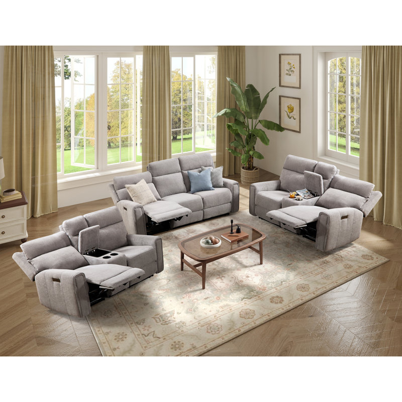 Ensemble de salon inclinable électrique 5 pièces avec fauteuil inclinable, causeuse console, appuis-tête réglables et chargement USB