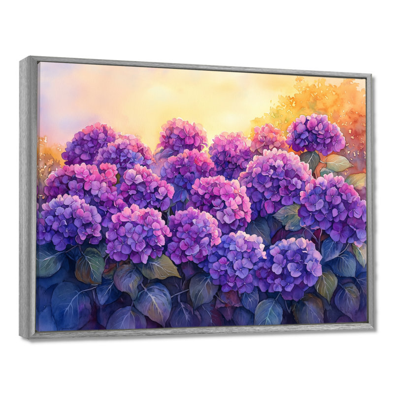 Hortensias au coucher du soleil lueur VI - hydrangées, art mural, Impression sur cadre flottant, Argent argent