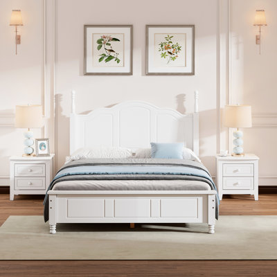 Ensemble 3 chambres: lit plateforme double en bois et deux tables de chevet délicates - blanc avec et