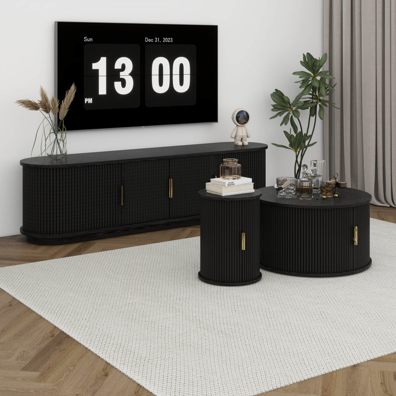 Meuble télé et table basse avec portes coulissantes en tambour, centre de divertissement pour téléviseur de 75 po ou moins, ensemble de tables d'appoint rondes cannelées