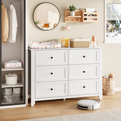  Grande commode à 6 tiroirs pour la chambre à coucher - Armoire de rangement moderne en bois avec tiroirs profonds et boutons en métal - Rangement large pour garde-robe, chambre de bébé