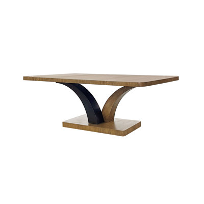 Table à piédestal fabriquée en eucalyptus, base à double arche pour un attrait esthétique, plateau rectangulaire à bord arrondi, bois massif brun clair + 84 po, 44 po de largeur, 30 po de hauteur, 235 lb d'eucalyptus avec contraste foncé