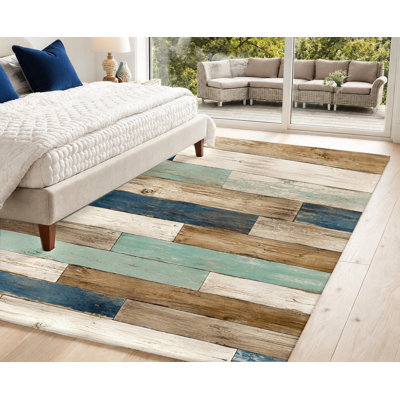 Vintage Wood Plank Area Rug, Blue White Brown Distressed Pattern, Artistic Design, Non-Slip Floor Carpet, Home Decor for Living Room, Bedroom, Entryway, Kitchen, Apartment