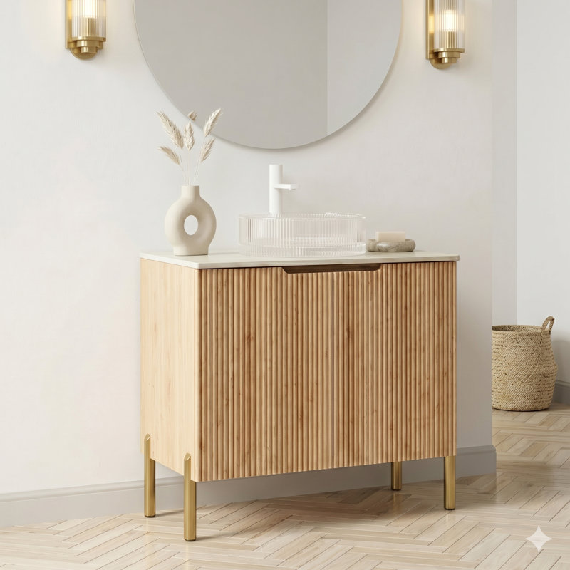 30" Warm Modern Bathroom Vanity with Fluted Doors, Sintered Stone Countertop, Multiple Vessel Sink Options & Soft-Close Storage