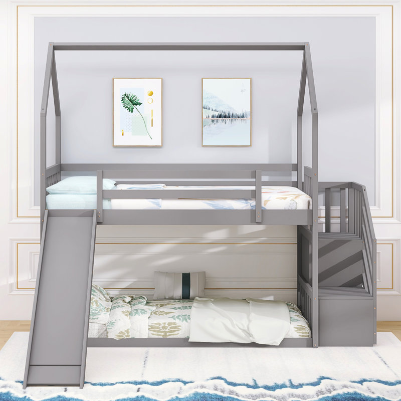 Twin Over Twin Bunk Bed With Slide And Staircase, Gray
