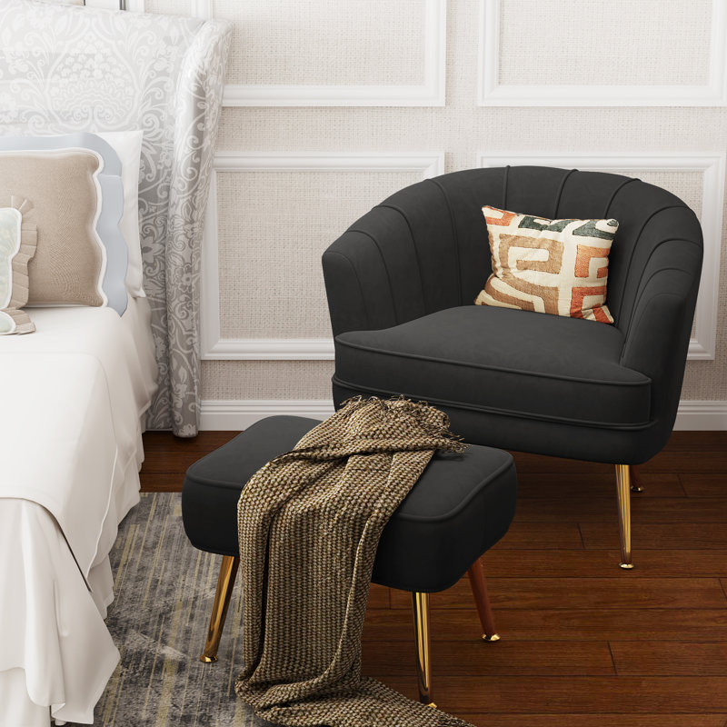 Latonia Upholstered Barrel Chair with Ottoman, Black Velvet