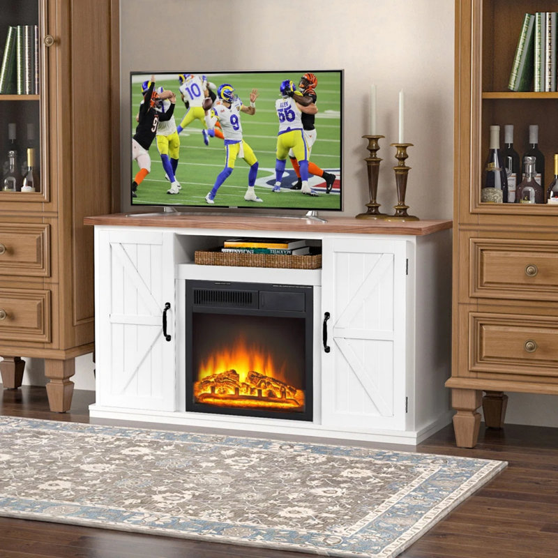 Meuble télé de style campagnard avec foyer, convenant aux téléviseurs de 55 po ou moins, avec foyer électrique intégré avec réglage de la luminosité.