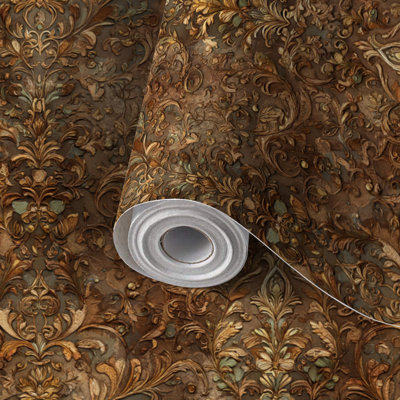 Papier peint auto-adhésif de luxe à motif de damas patiné baroque auto-adhésif et amovible 17,7 po x 118 po (45 x 300 cm)