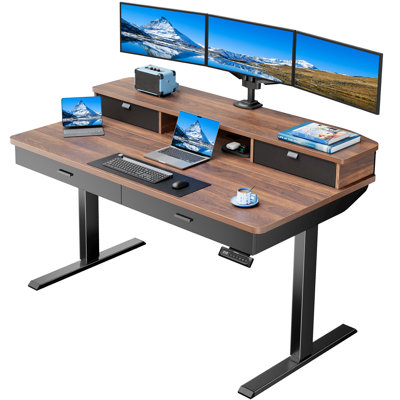 Height Adjustable Electric Standing Desk With Storage Shelf And Pull-Out Drawer, Modern Ergonomic Computer Workstation