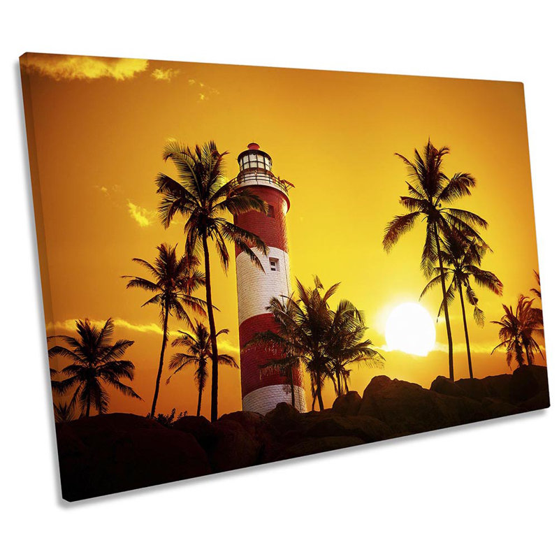 Lighthouse Palm Trees Sunset - Wrapped Canvas Print, 40.6cm H x 61cm W 
