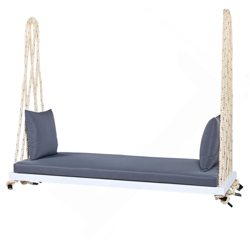 Balancelle de patio en bois, banc de balancelle suspendu avec coussin et coussins, cordes en chanvre de 10,8 pi pour le jardin, la cour, la pelouse, blanc