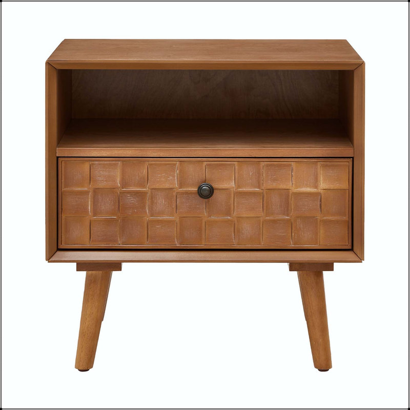 Table de chevet 22 "Mid-Century avec tiroir géométrique sculpté et tablette ouverte, Chêne doré