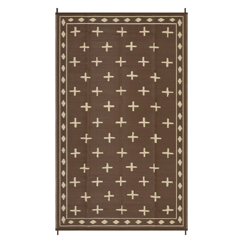 Reversible Waterproof Outdoor Rug – Modern Brown Coffee Geometric Plastic Straw Mat – UV & Mark Resistant, Easy Clean, Collapsible, Brown Coffee, 9x18ft