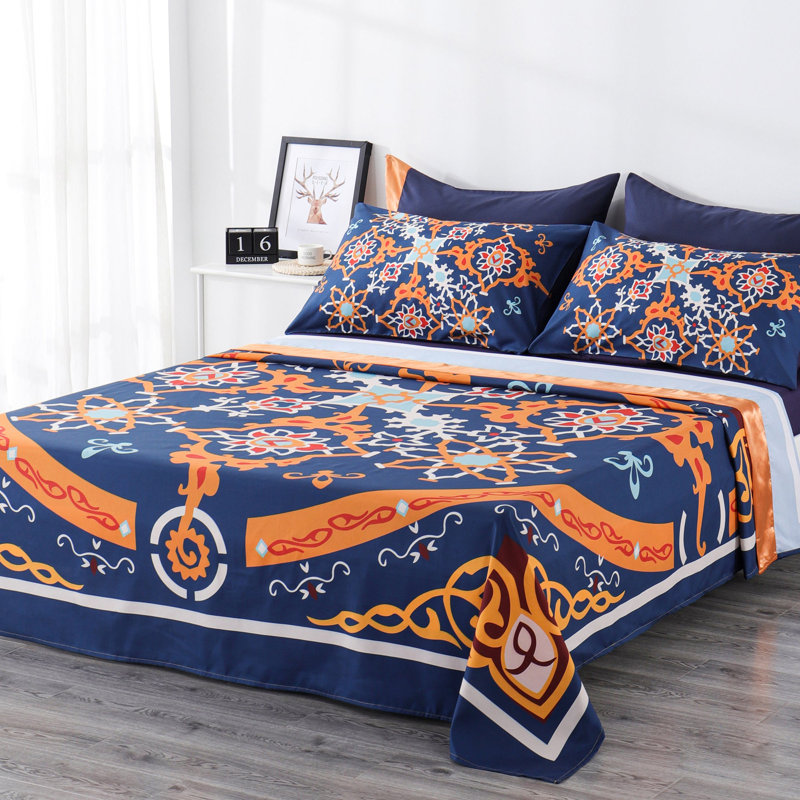 Ensemble de draps 6 pièces Polycotton, Courtepointe pour grand lit + 5 pièces supplémen, Orange / bleu