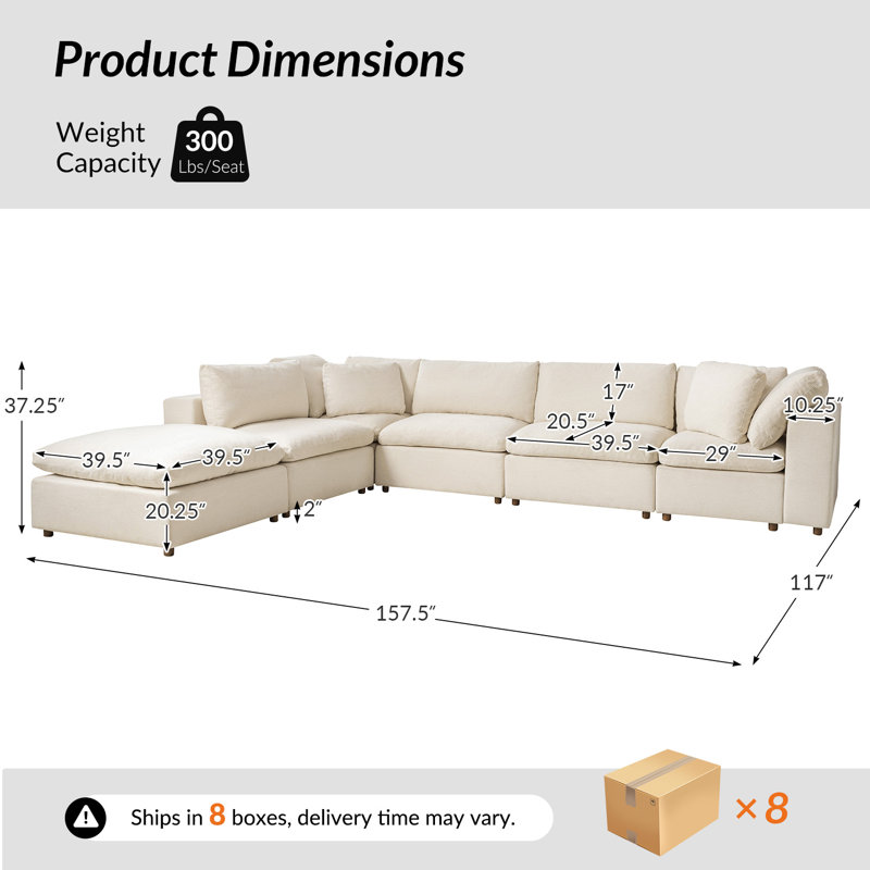 Merritt Modern Cloud Down Filled Oversized Sectional Couches With One Ottoman, Linen Polyester