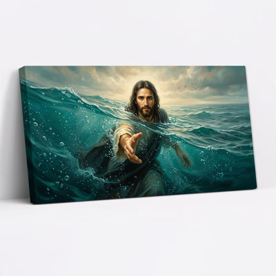 Tableau sur toile représentant Jésus-Christ émergeant des vagues turquoise de l'océan