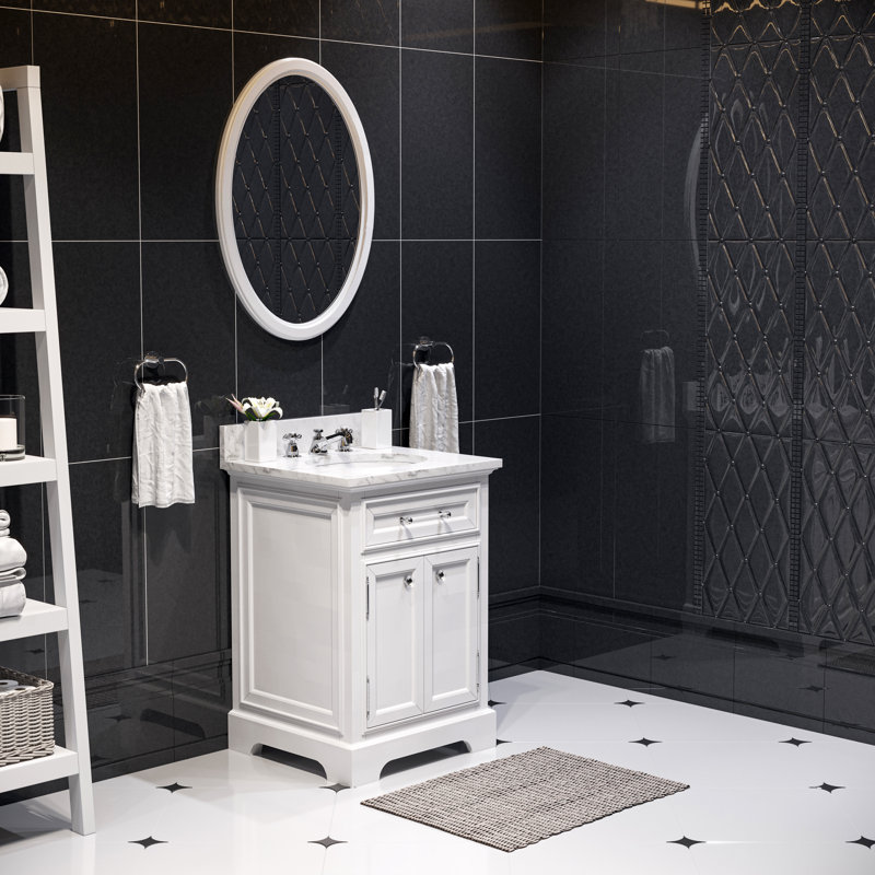 Meuble-lavabo de comptoir en marbre blanc Carrara de 24 po avec robinet Derby, Blanc, Miroir inclus