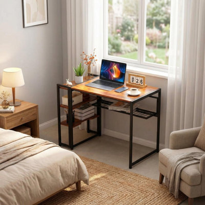 Bureau pliant, bureau d'ordinateur pliable de 35 pouces avec tablette de rangement, petit bureau d'ordinateur pour petits espaces, table d'écriture sans assemblage pour dortoir de chambre à domicile, brun