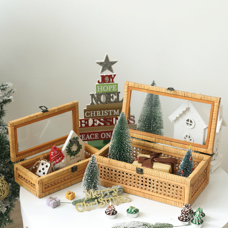 Blynda Rattan 2-Piece Decorative Box Set with Glass Top, Natural