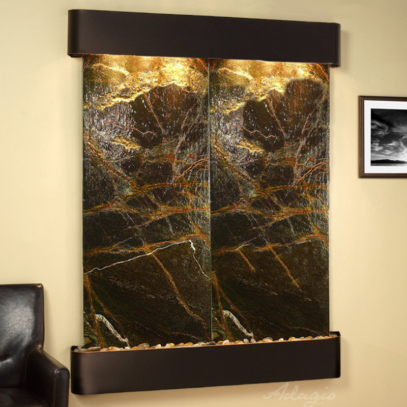 Majestic River Natural Stone Fountain with Light, Stainless Steel, Rainforest Green Marble