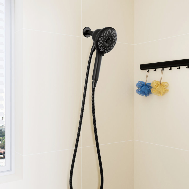 Pomme de douche haute, 6 réglages de jet, poche noire matte, tuyau en métal de 60 pouces, fixation murale pour salle de bain avec tête décorative moderne et modes, apparence, surface en acier inoxydable de 4,8 po