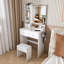  Petit meuble-lavabo moderne avec 3 modes d'éclairage DEL et luminosité réglable, 3 tiroirs et tablettes de rangement ouvertes, support pour sèche-cheveux et prise de courant avec fauteuil, blanc-130141766