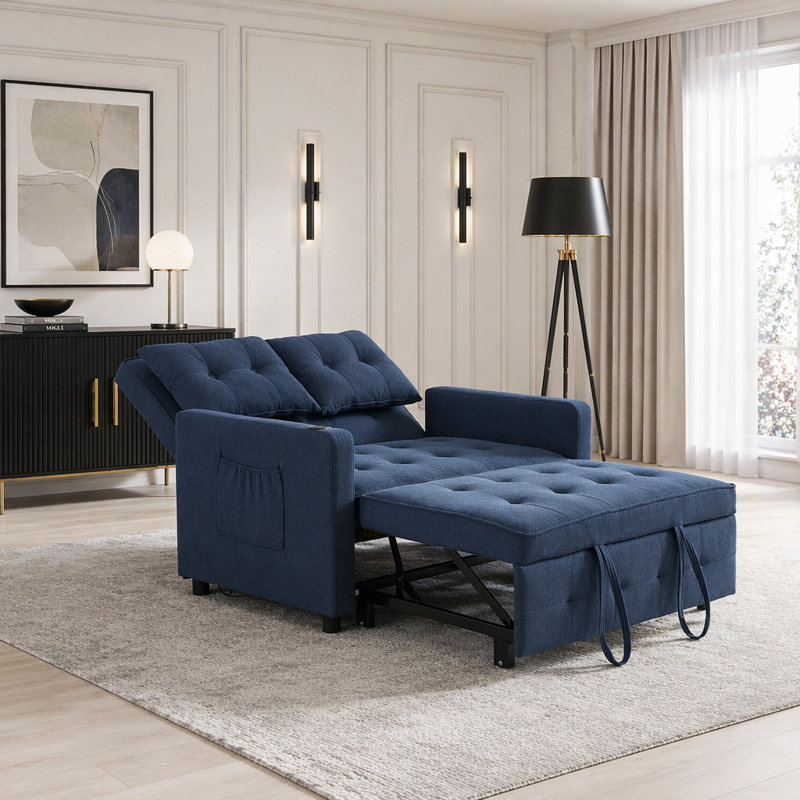 Canapé-lit convertible 3-en-1 avec canapé-lit ajustable avec accoudoirs doubles et ports USB, Blue