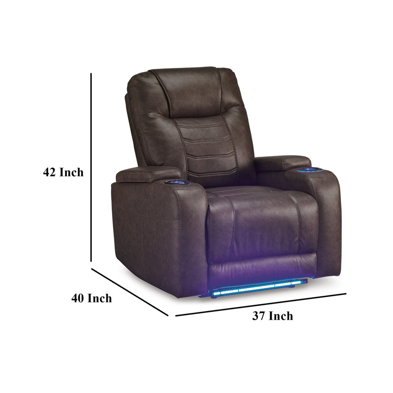 Scon Power Recliner Chair, 37 Inch, LED Light, Faux Leather, Brown