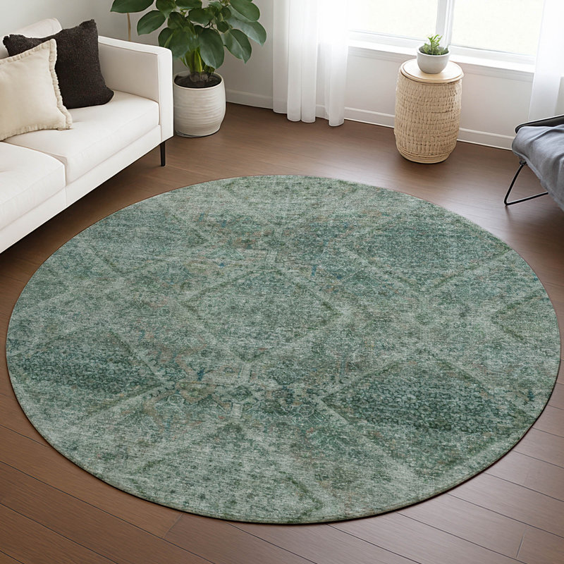 Tapis bleu sarcelle lavable à la machine intérieur / extérieur Xhevrie, Rond 8 pi