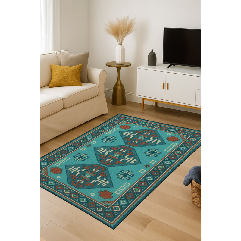 Tapis tissé traditionnel bleu sarcelle Mosso, 4'11" x 9'10"