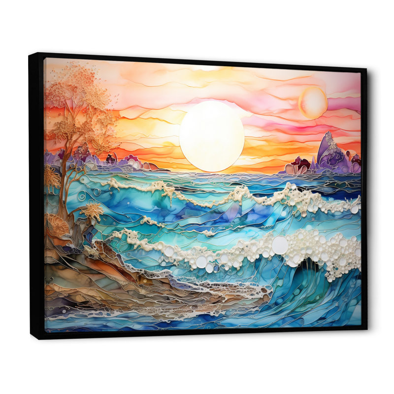 Rainbow Ocean Sunrise - art mural océan, H 12 po x l 20 po x P 1 po, Cadre flottant noir
