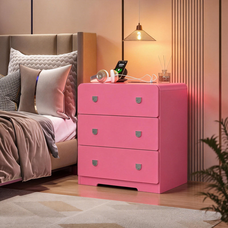 Painted 3-Drawer Nightstand For Bedroom, Pink