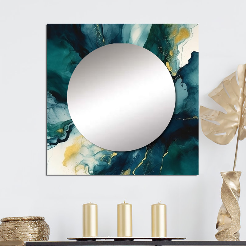 Cacilia - Grand miroir carré bleu foncé et doré à motif de fractales du XIXe siècle pour chambre à coucher, 29 po x 29 po