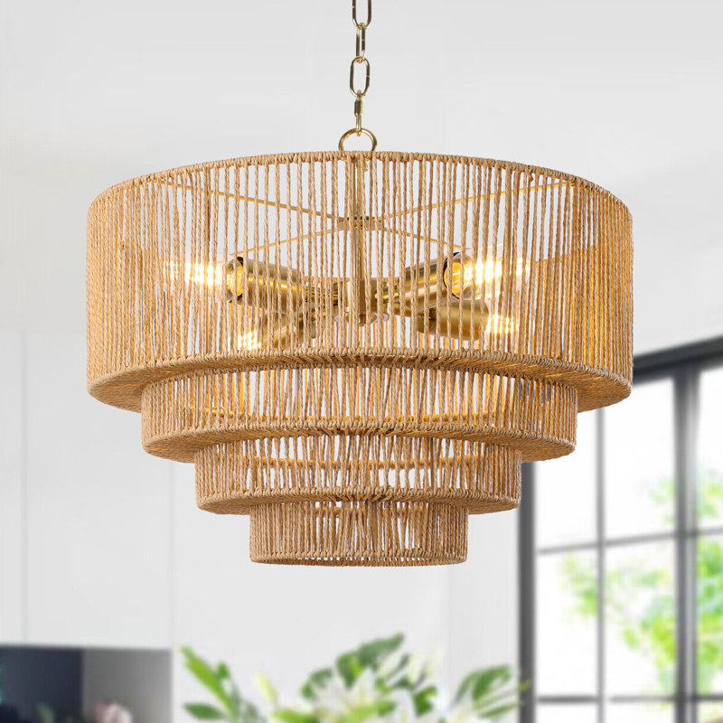 Lustre en rotin tissé à la main à 4 lumières à intensité variable, Or