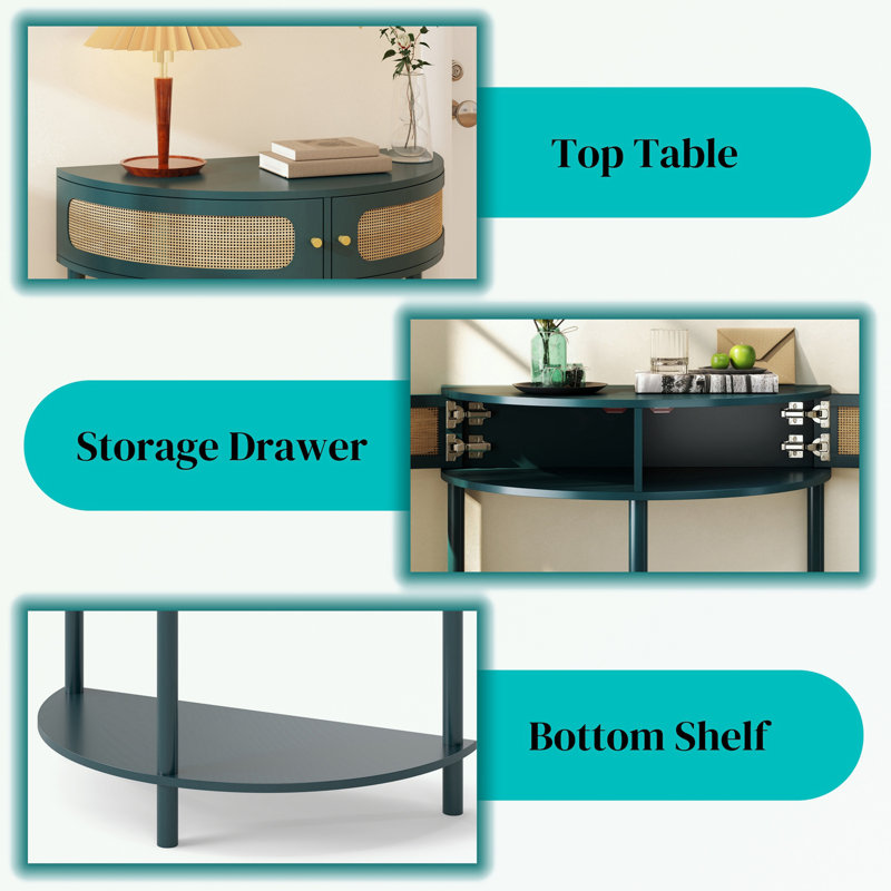 Wooden console Table with Sliding Rattan Door and buttom shelf, Antique Green