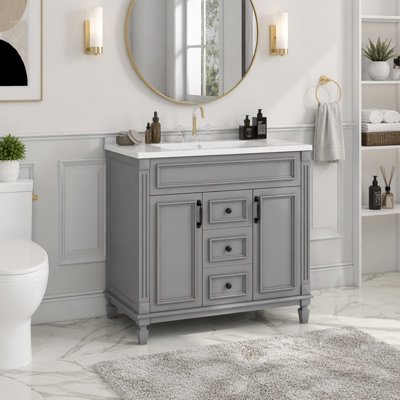 Ensemble de meuble-lavabo rectangulaire simple 36 po avec lavabo en céramique durable, panneau de fibres à densité moyenne et bois de pin massif, 2 portes et 2 tiroirs, glissières de tiroir en métal lisse et tablettes réglables