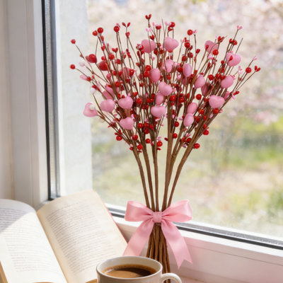 6 pièces de 16 pouces de fleurs artificielles pour la Saint-Valentin - tiges de baies de cœur pour décor de vase, centres de mariage, décorations romantiques pour la maison et la fête, cadeau pour elle, fête des mères