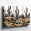 Toile, "Un paysage de désert stylisé" avec de grands cactus élancés avec des troncs texturés et un grand feuillage hérissé-698902838