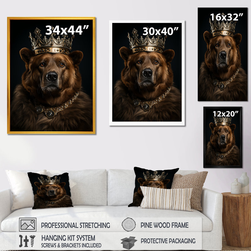 «Royal Bear Crown Portrait II» - art mural ours, Cadre flottant noir, H 32 po x l 24 po x P 1 po