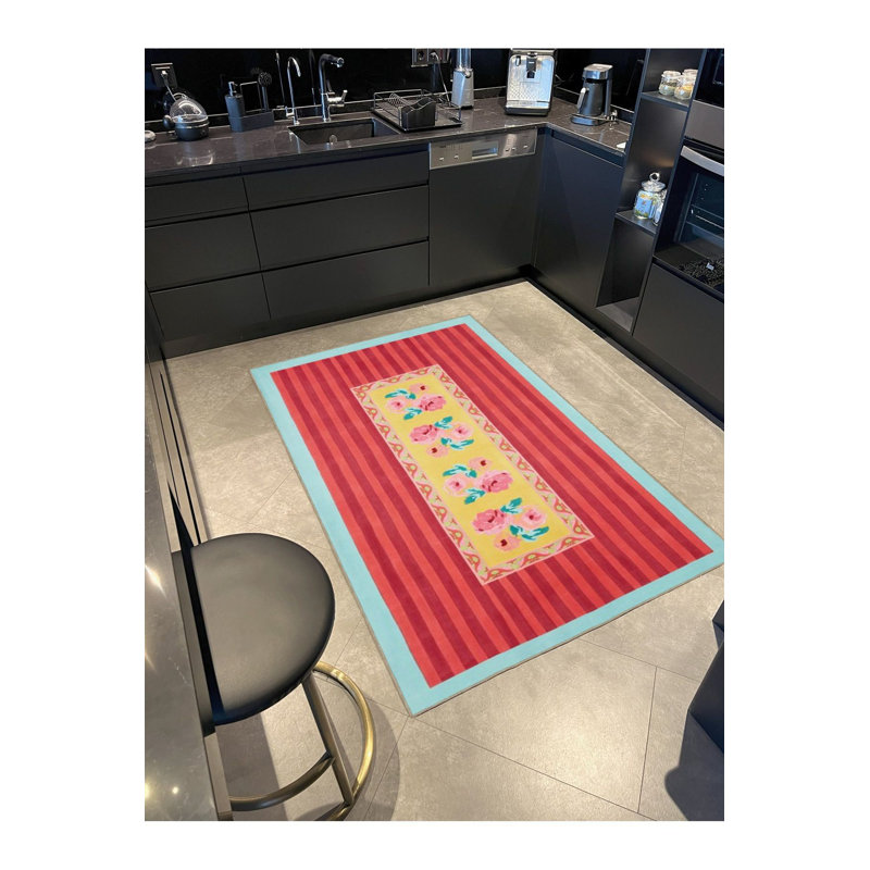 Tapis tissé brodé à motif de roses rouges lavables, Sous-tapis rectangulaire 2 pi 6 po x 4 pi 11 po