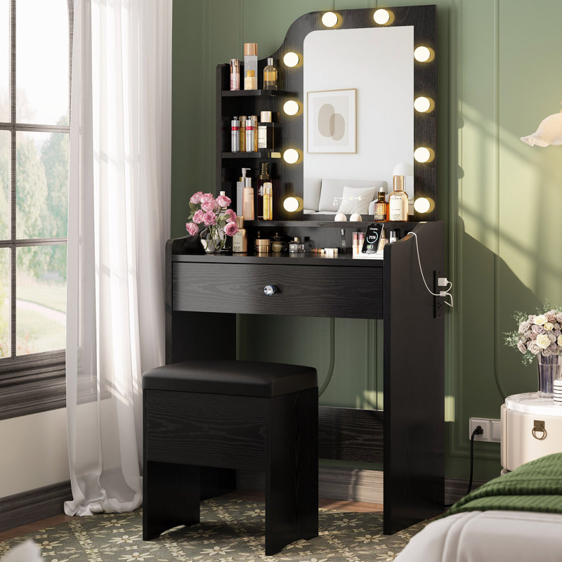 Petit meuble-lavabo avec miroir à DEL, tabouret de rangement et prise de courant, Noir