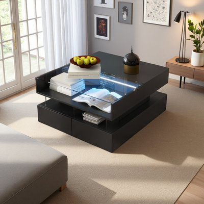 Lift-Top Coffee Table With 2 Drawers, Modern Square Coffee Table With Glass Top And High-Gloss Finish, Hidden Space And LED Lights For Living Room