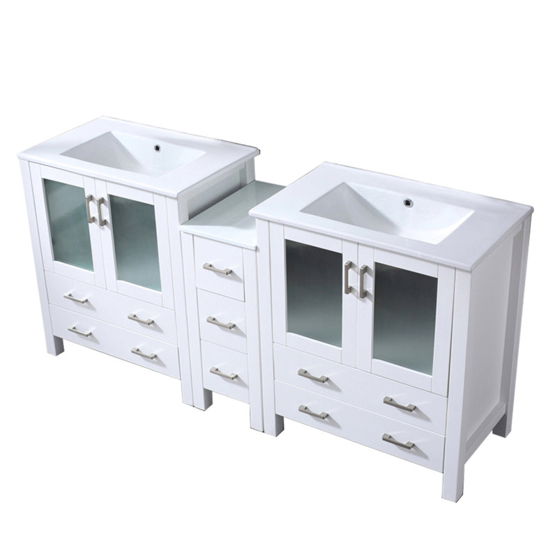 72 po X P 18,25 po, meuble-lavabo double inclus, surface en céramique, structure en bois massif, conception à fermeture en douceur, deux armoires intérieures et sept tiroirs de rangement, comptoir de meuble-lavabo