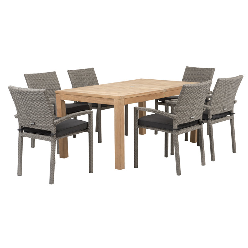 Anautica 6 - Person Teak Solid Wood Patio Dining Set Umbrella Hole Included Rectangular Table with Cushions Included, Gray